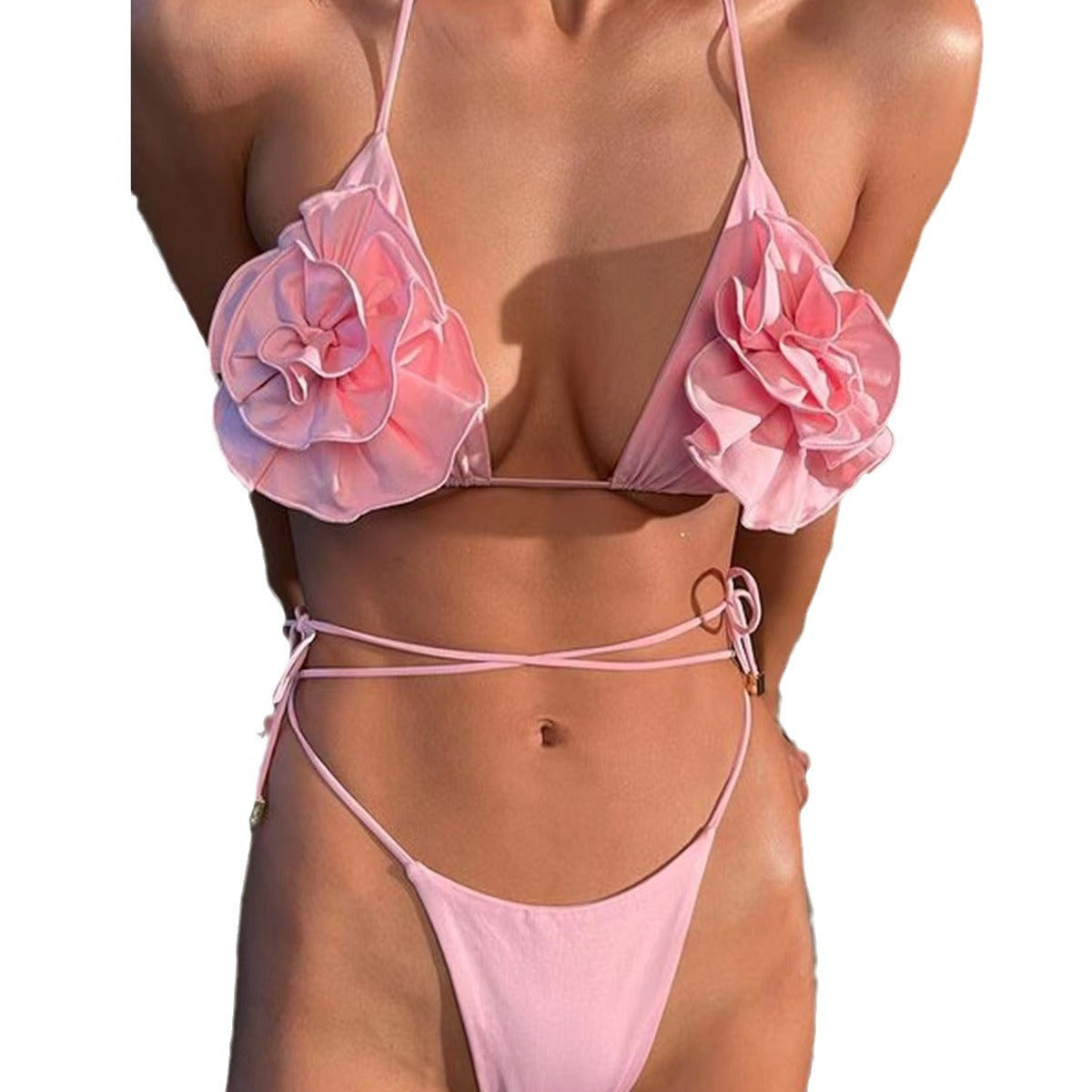 Pure Color Halter Lace-up Three-dimensional Flower Bikini Split Swimsuit